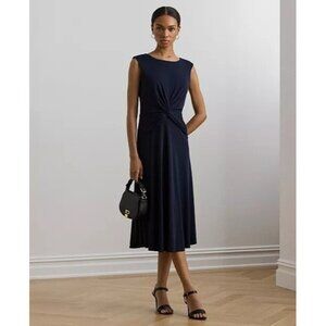 125$ Lauren Ralph Lauren Twist Front Cap Sleeve Jersey Dress Size 2 Navy Blue